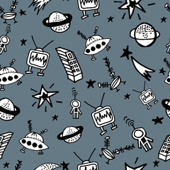 Childish seamless space pattern with planets, UFO, rockets and stars.