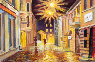 Oil painting of autumn street