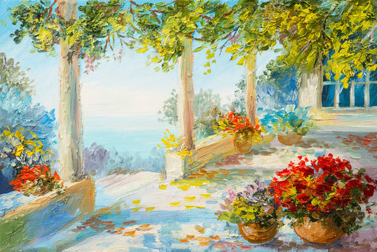 Oil painting landscape - terrace near the sea, flowers