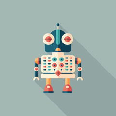 Robot assistant flat square icon with long shadows.