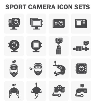 Action camera or action cam vector icon. Include equipment, tool or accessory. Digital camera for shot photo and record media video on card in extreme sport, adventure travel, diving, motorcycle, bike