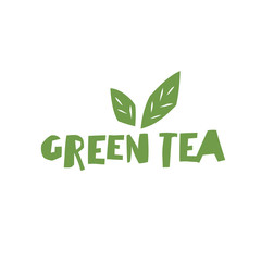Green Tea. Cup of Tea and text "Green Tea". Isolated logotype te
