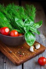 Set of vegetables - cherry tomatoes, cucumbers, dill, basil and