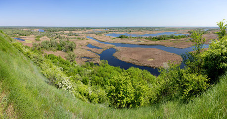Fototapeta na wymiar summer aerial view on delta Vorskla river