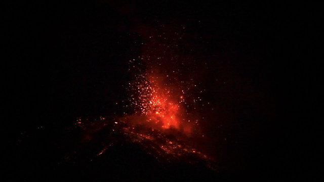 Witness the awe inspiring power of Tungurahua volcano as it erupts,spewing massive amounts of molten lava in a captivating real time night shot.