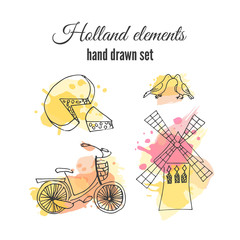 Vector holland decorative elements. Netherlands illustrations. Amsterdam bicycle and windmill.