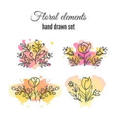 Fototapeta premium Vector floral decorative set. Colorful splashes under flower. 