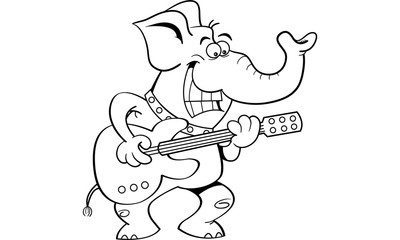 Black and white illustration of a elephant playing a guitar.