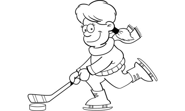 Black and white illustration of a girl playing ice hockey.