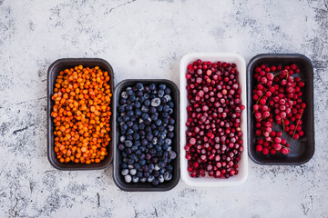 Organic Frozen berries, sea buckhthorn, blueberries, cranberriies, raspberries, goosberries in boxes packaging tray. Top view.