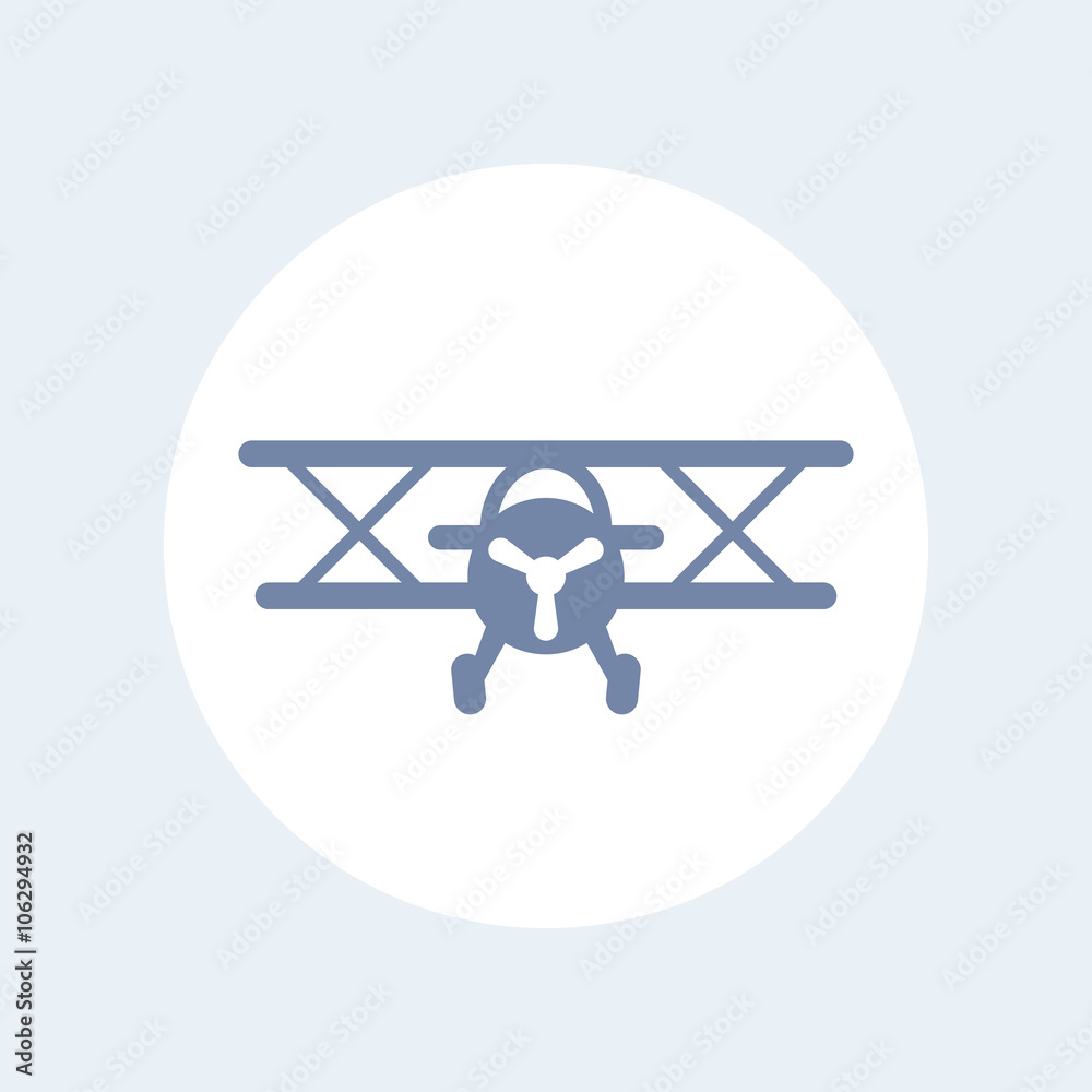 Sticker Biplane vector icon, biplane aircraft, airplane icon isolated on white, plane pictogram, vector illustration