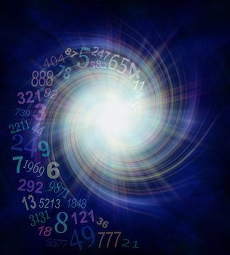 Numerology Energy Vortex - random transparent spiraling numbers swirling outwards from the center of a white star burst on a dark blue and black background  with plenty of copy space 