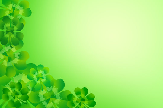 Fresh green four leaf clover / shamrock for luck creating corner border frame. Illustration for Saint Patrick's Day, suitable for greeting card as background texture.