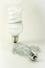 Energy saving bulb and a traditional bulb destroyed