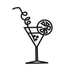 Simple symbol cocktail. Cocktail in line style. Black and white cocktail icon. cocktail icon. Isolated cocktail image. Art Line. Vector cocktail. Cocktail with a straw and a slice of lemon