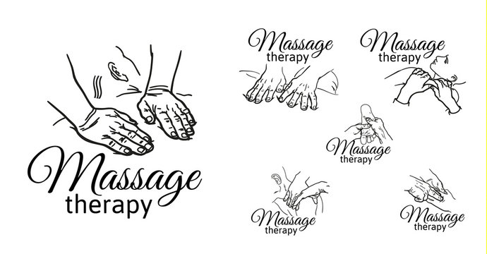 Hand massage, foot massage, back massage. Types of massage. Set with image of massage. Face massage. Massage therapy. Therapeutic manual massage. Relaxing therapy. Massage vector icons. Body massage
