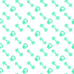 seamless pattern with fitness icons, dumbbells and kettlebell, green icons on white, fitness pattern, vector illustration