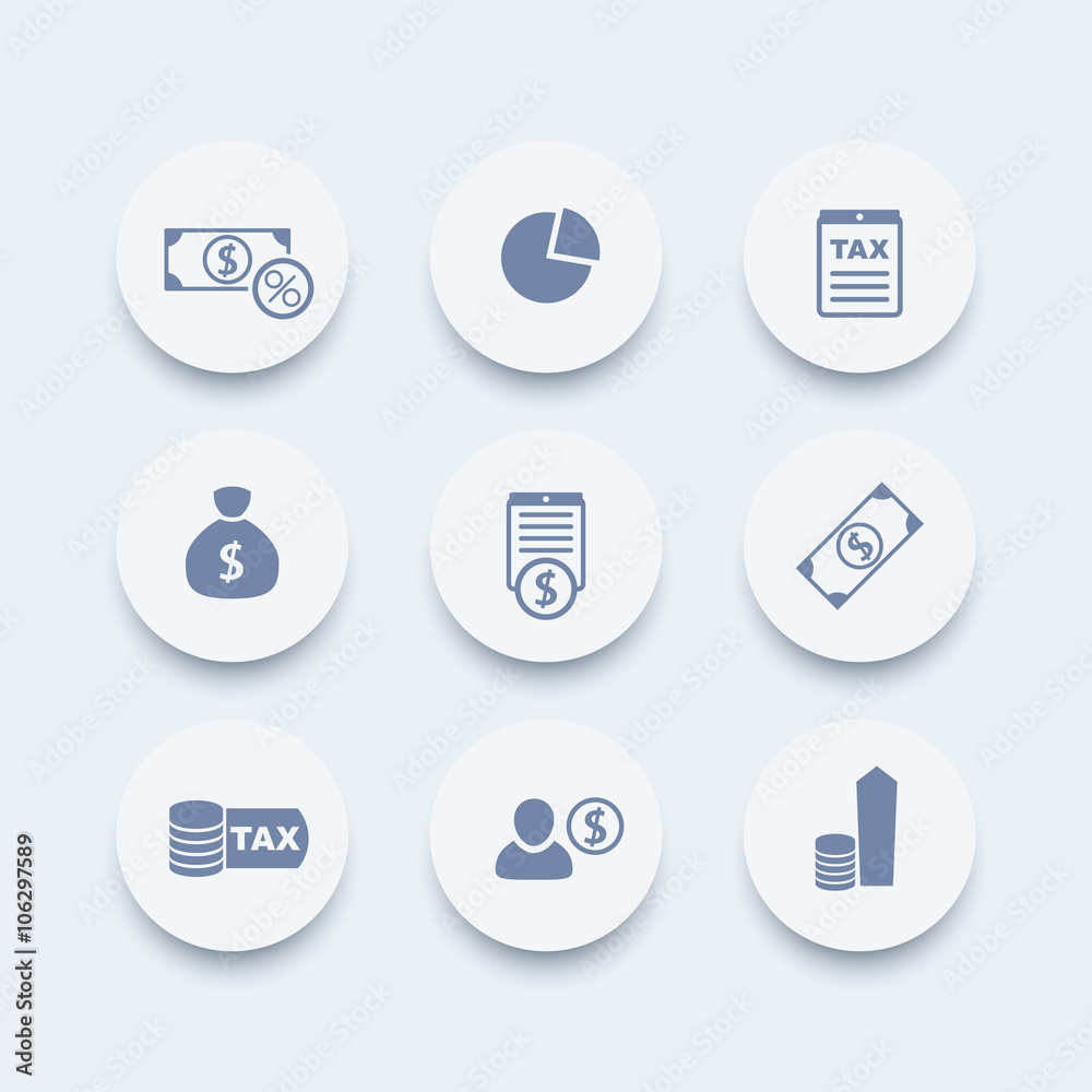 Sticker tax, finance, money, income icons, pictograms, round icons set, vector illustration