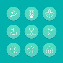 sports, games, team sport line icons, hockey, ping pong, basketball, bowling, fencing round icons, sports pictograms, aquamarine icons set, vector illustration