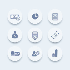tax, finance, money, income icons, pictograms, round icons set, vector illustration