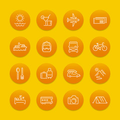 Travel, tourism line icons, recreation, trip, tour, journey pictograms, round icons, vector illustration