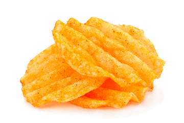 Fototapeta na wymiar Potato ribbed chips on white
