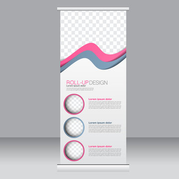 Roll up banner stand template. Abstract background for design,  business, education, advertisement. Pink and grey color. Vector  illustration.