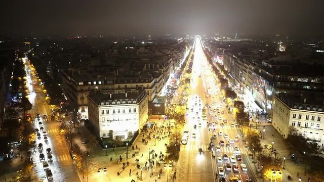 Paris city lights aerial shot by night