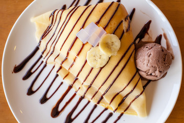 Wipping cream crape with chocolate Icecream 