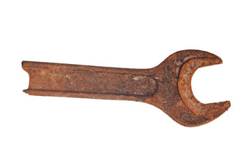 Old rusty wrench isolated on white background
