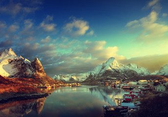 snow in Reine Village, Lofoten Islands, Norway