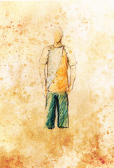 drawing male clothes, color pencil sketch on paper.