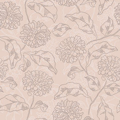 Vintage floral raster seamless pattern with hand-drawn flowers.