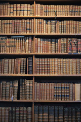 vintage books on wooden shelf.