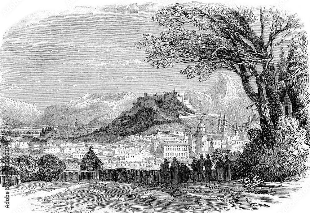 Wall mural view of salzburg, austria, vintage engraving.