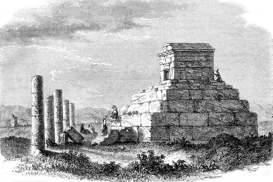 The Tomb of Cyrus in Persia, vintage engraving.