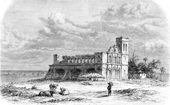 Remains of the Jesuit Church in St. Paul de Loanda, vintage engr