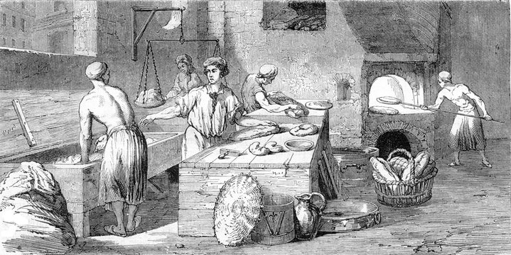 A bakery in the eighteenth century, vintage engraving.
