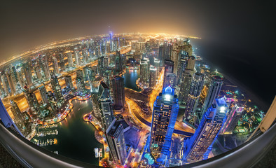 Fototapeta premium Dubai Marina 1000fts Above with Fisheye Planetary View