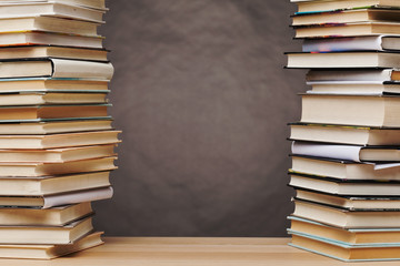 Book on table and gray background and copy space