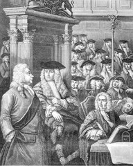 A session of the House of Commons about 1710, vintage engraving. - obrazy, fototapety, plakaty