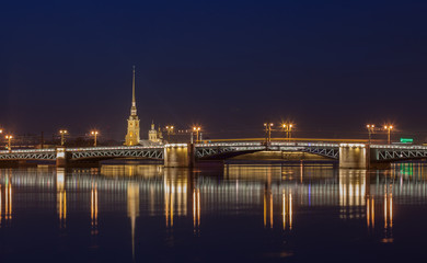 Fototapeta na wymiar Neva river, Peter and Paul Cathedral, Palace bridge at night 
