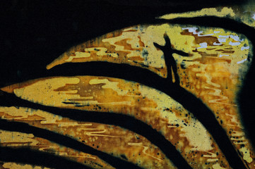 Man on rice terraces, fragment, hot batik, background texture, handmade on silk, abstract surrealism art