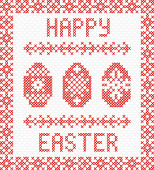 Happy Easter embroidery cross-stitch. Vector Illustration. Decorative cross stitch needlework design.