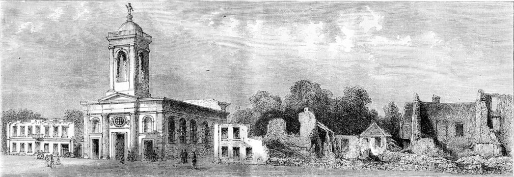 Phalsbourg, Church Square, vintage engraving.