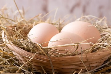 Three hen eggs in straw nest