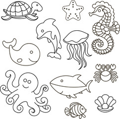 Vector illustration. Set of marine life. Outline for the painting. 