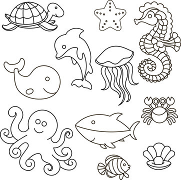Vector illustration. Set of marine life. Outline for the painting. 