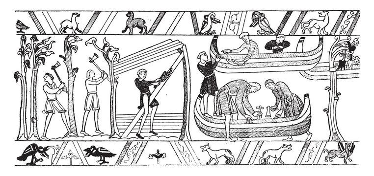 Shipwrights, eleventh century, vintage engraving.
