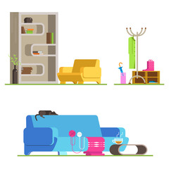 Vector illustration set of detailed interior room flat design. Interior living room and hallway: couch,  coffee table,  bookshelves, armchair, ball of wool, clothes, shoes, umbrella . 